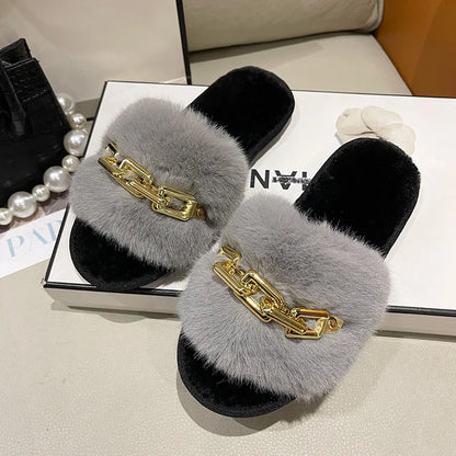 Women Metal Plush Winter Slippers
