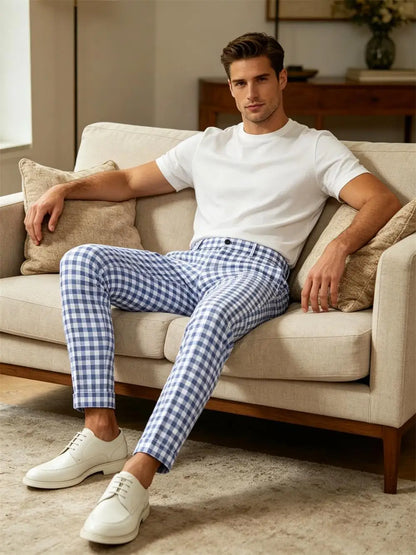 Blue White Checkered Slim Trousers