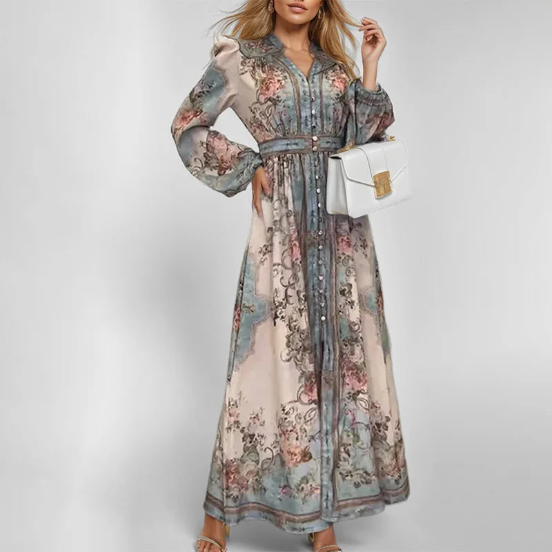 Retro Floral V-Neck Maxi Dress