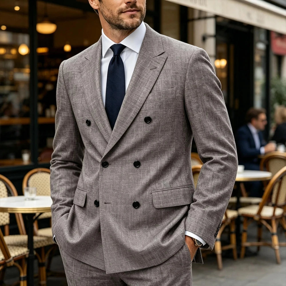 Linen Double-Breasted Peak-Lapel Suit