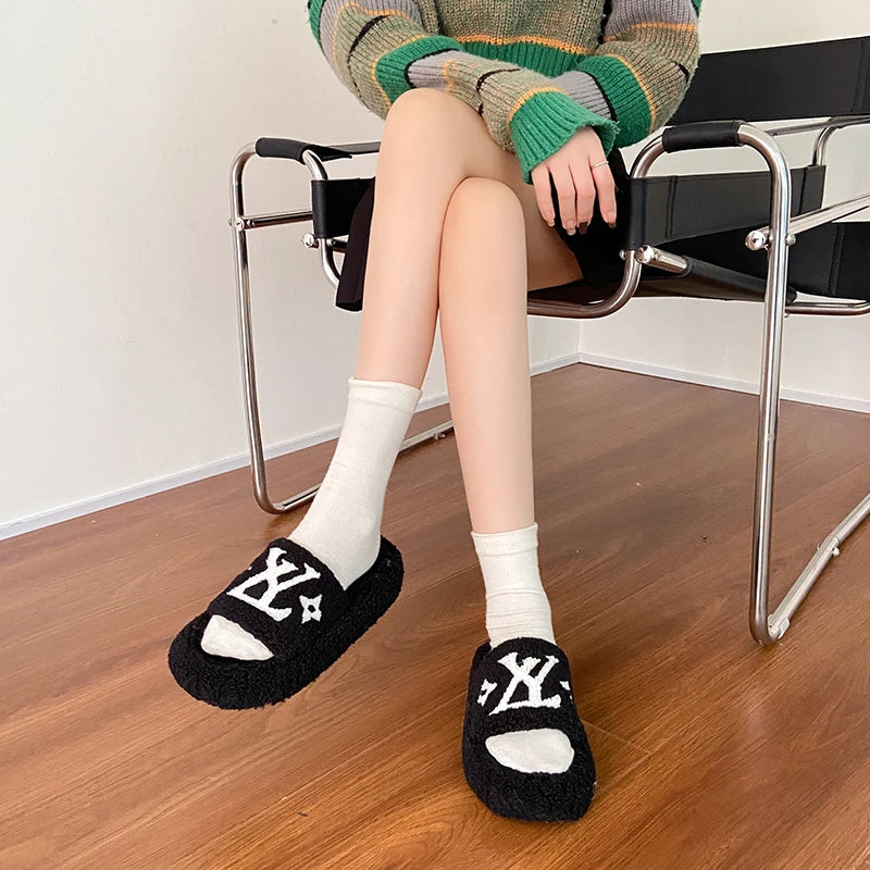 Flannel Plush Platform Slippers