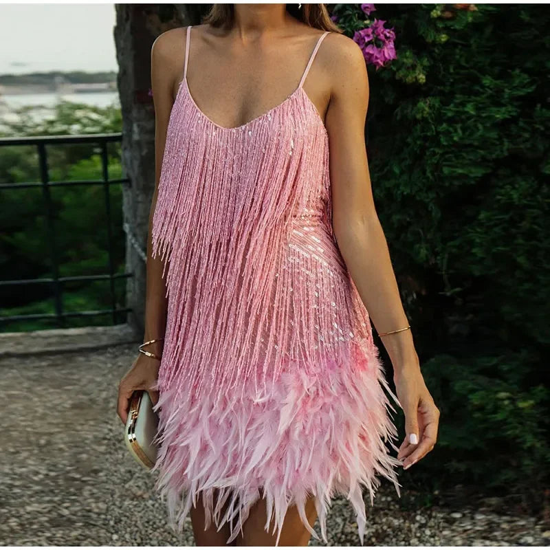 Sequins Feather Mini Spaghetti Dress