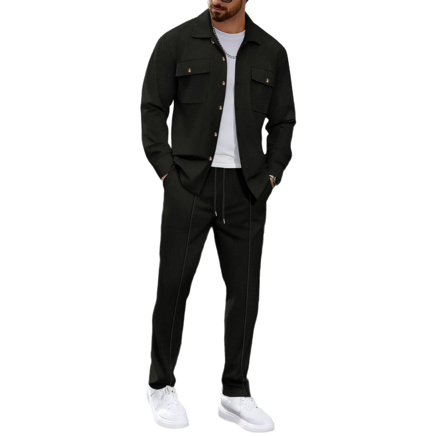 Waffle Long-Sleeve Cardigan Pants Set
