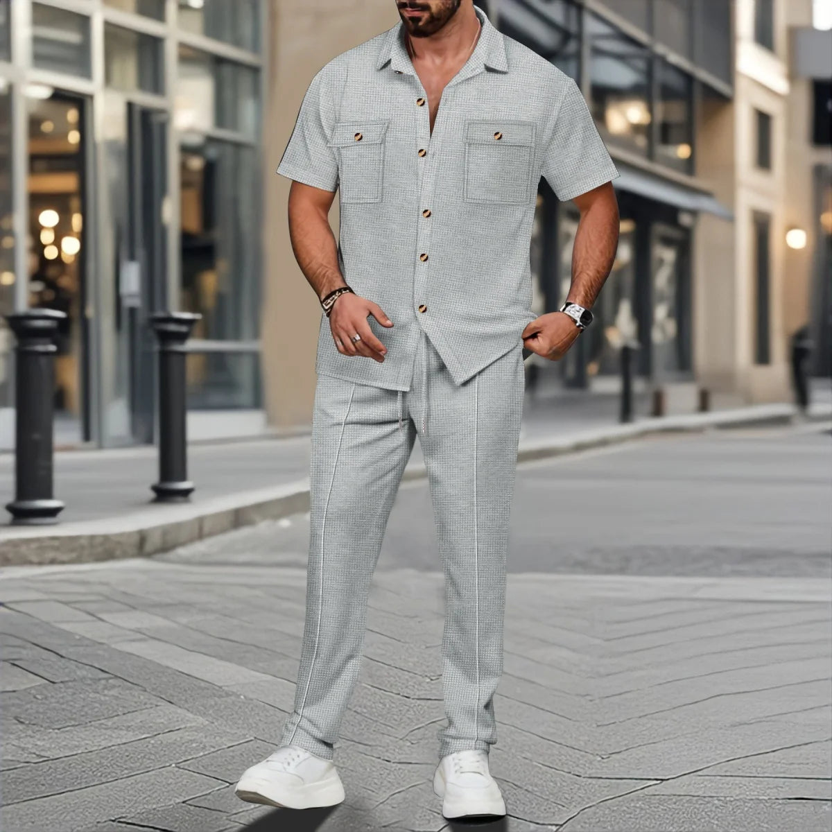 Waffle Button Shirt Trousers Set