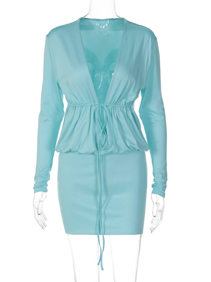 Lace-Up Long-Sleeve Mini Dress