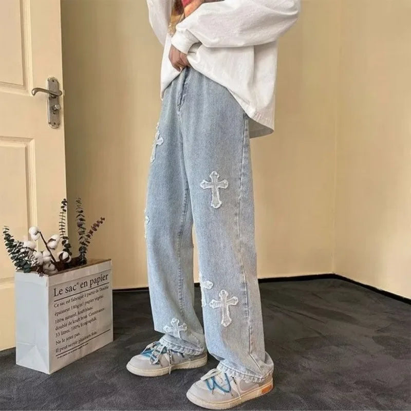 Cross Embroidery Loose Streetwear Jeans