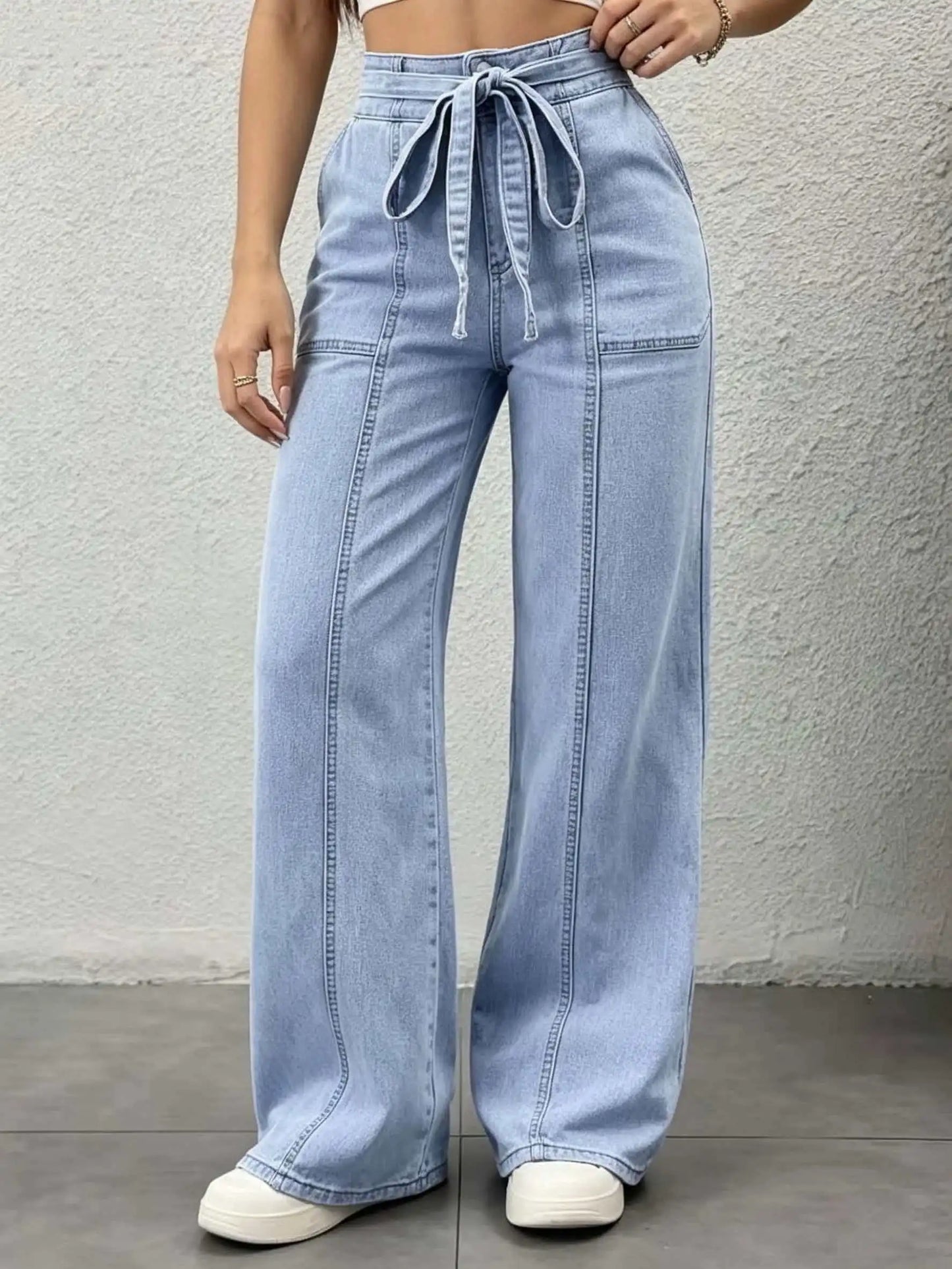 Belted Patch-Pocket Wide-Leg Jeans