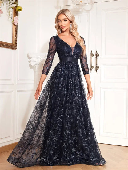Elegant Blue V-Neck Floral Evening Dress