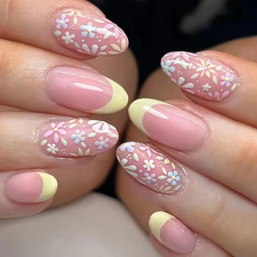Pink Floral Press Nails