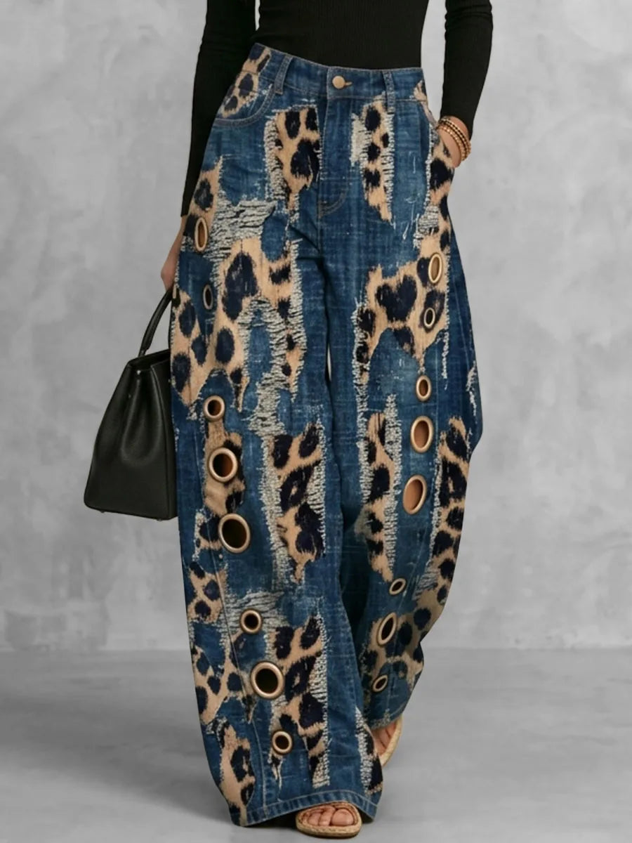 Leopard Distressed Wide-Leg Jeans