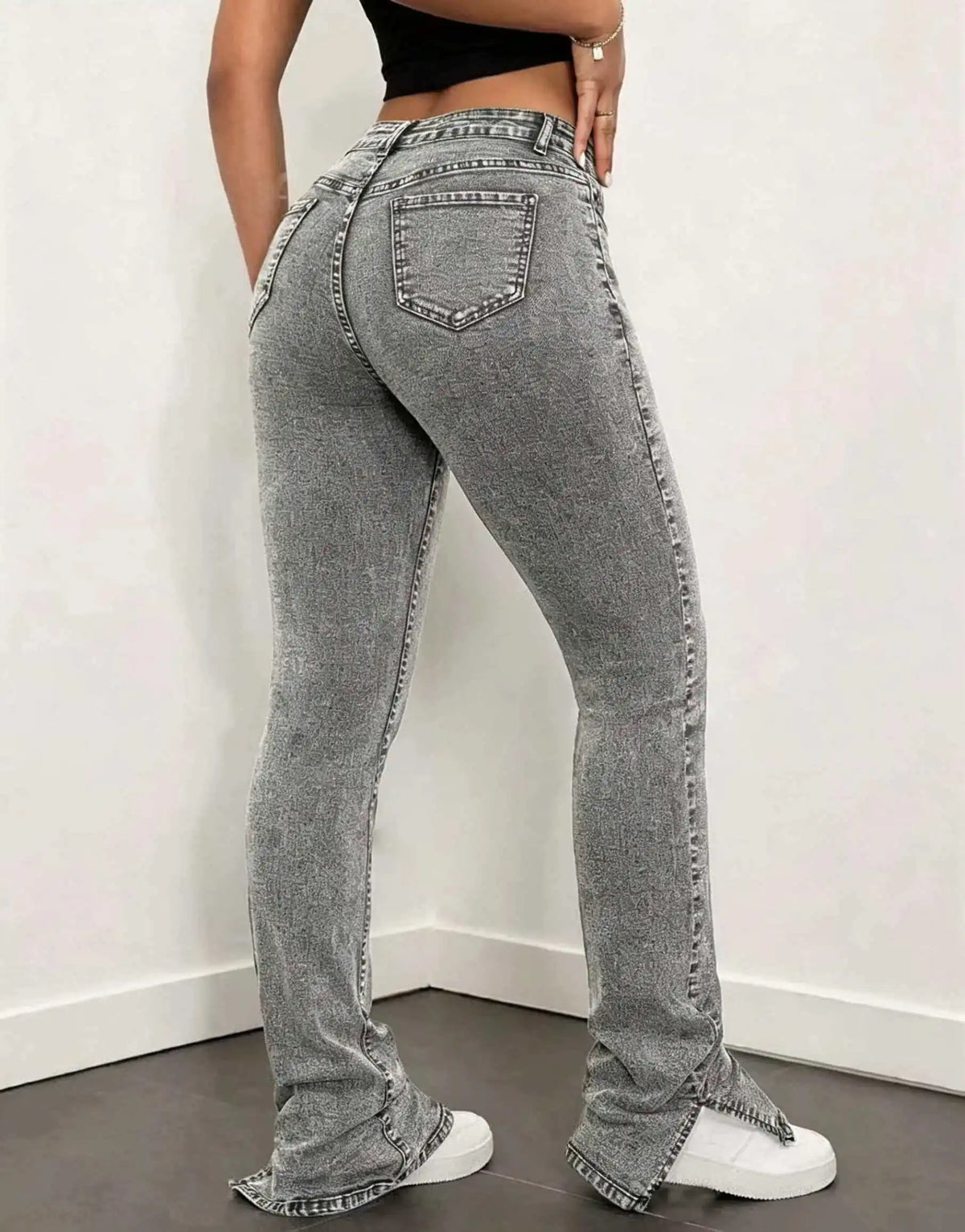 Grey Stacked Slit-Hem Jeans