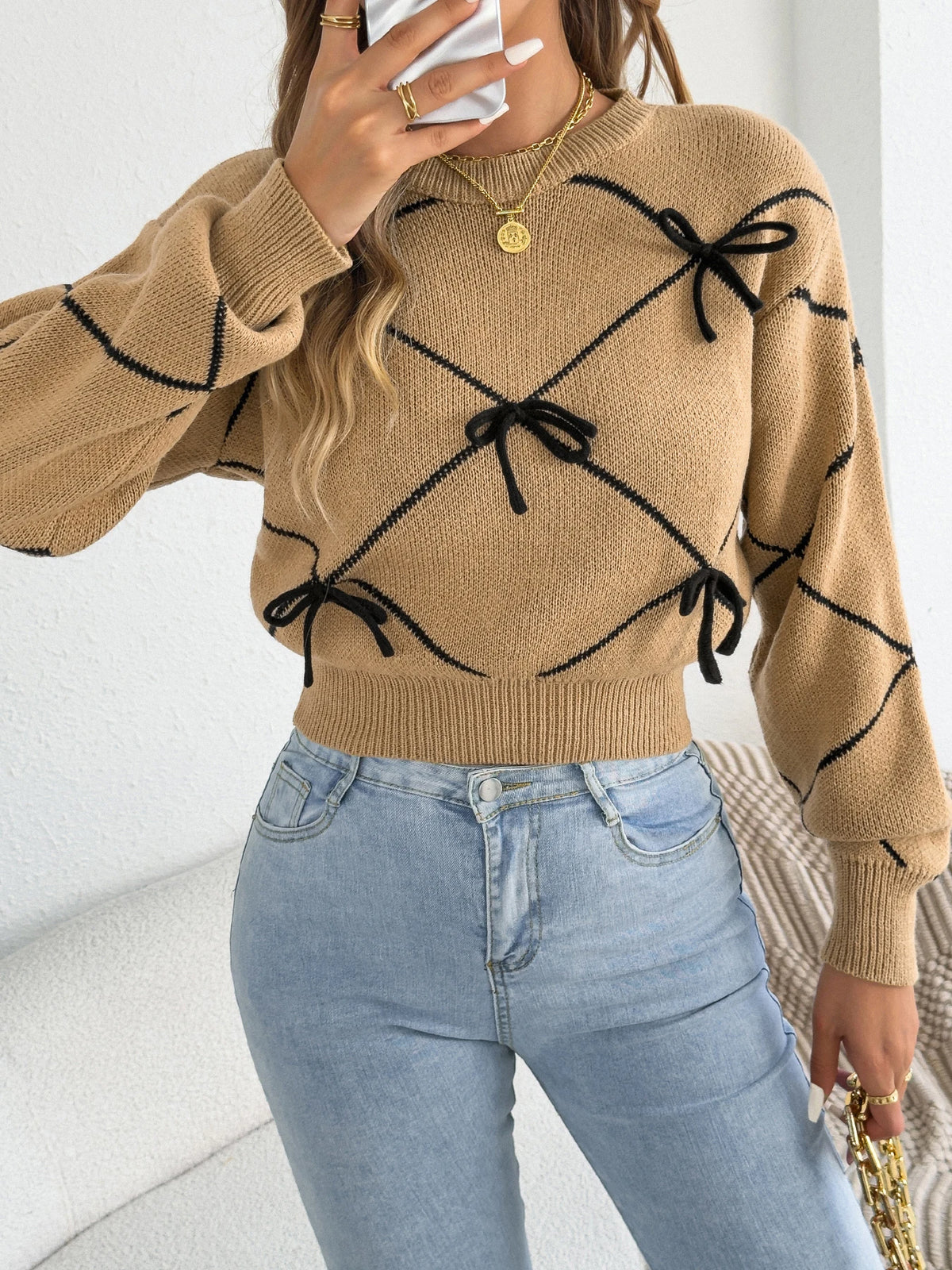 Striped Bow Lantern Sleeve Sweater