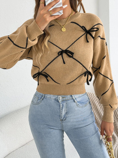 Striped Bow Lantern Sleeve Sweater