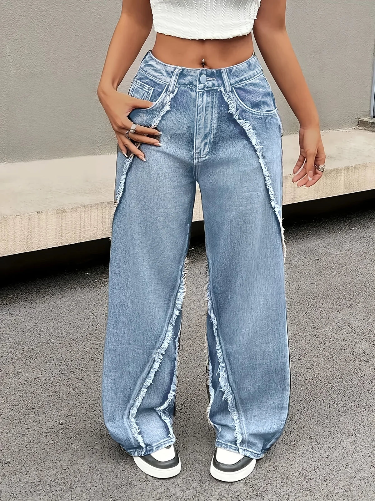 Fringed Wide-Leg Straight Jeans