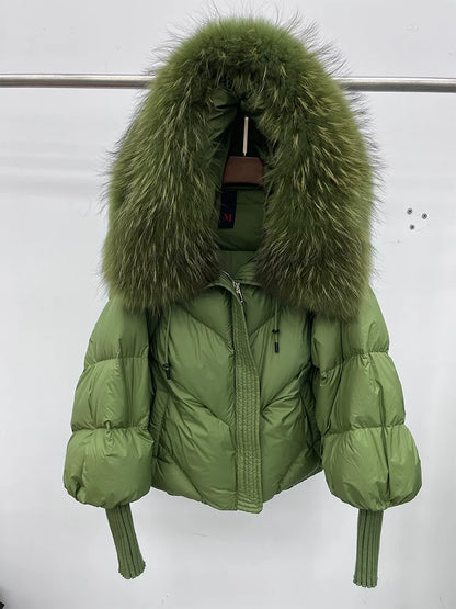 Hooded Puffer Coat with Fur Collar