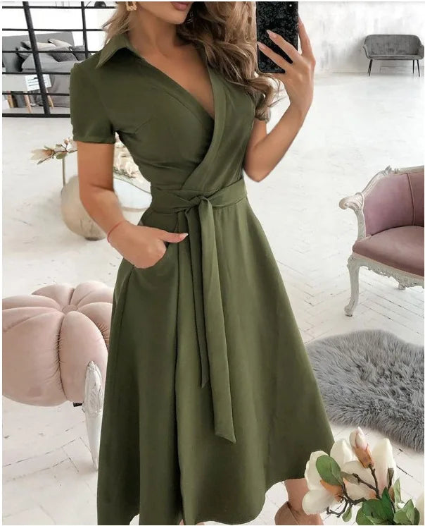 Printed V-Neck Sash Dress