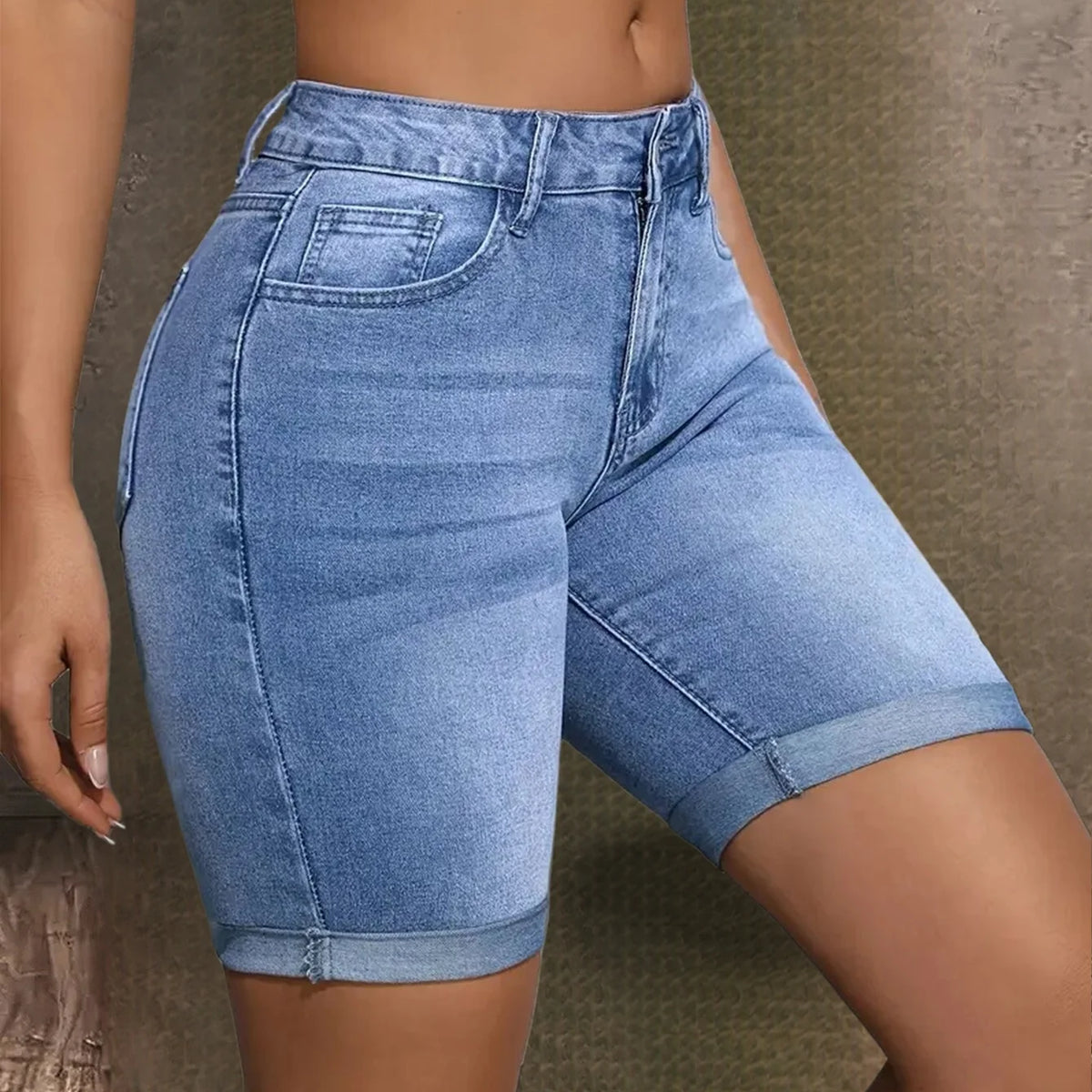 Rolled-Cuff Denim Bermuda Shorts