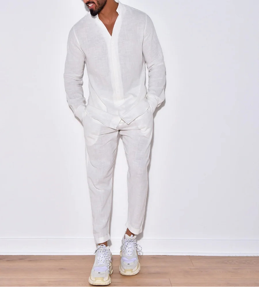 Linen Stand-Collar Loose Long-Sleeve Set