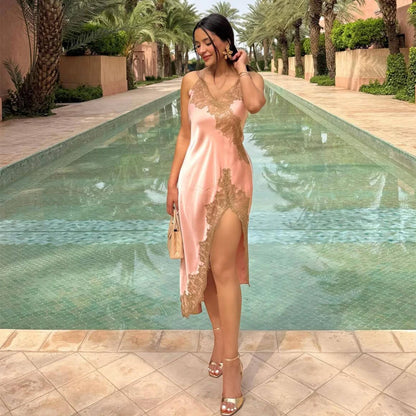 Satin Lace Asymmetric Midi Dress