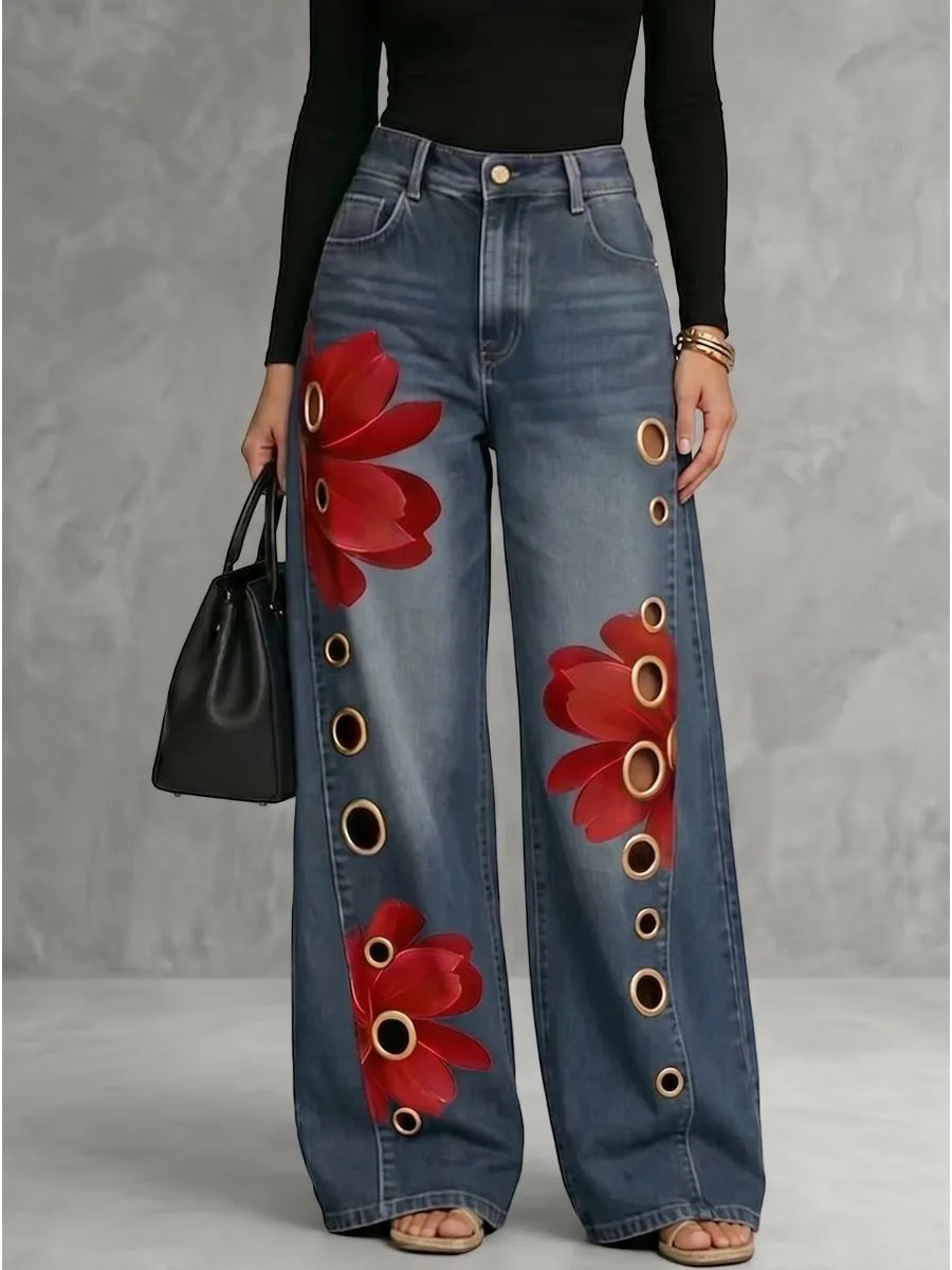 Hollow-Out Flower Wide-Leg Jeans
