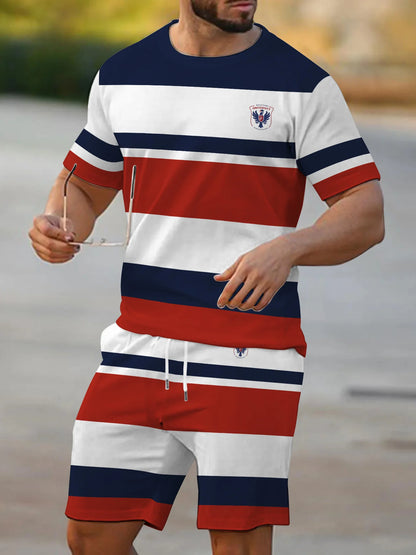 Striped Print Short-Sleeve Sports Set