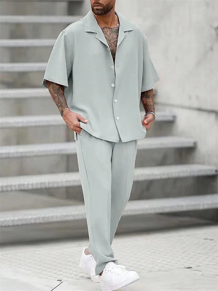 Striped 3D Print Lapel Shirt Set