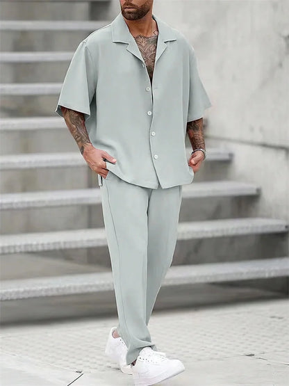 Striped 3D Print Lapel Shirt Set
