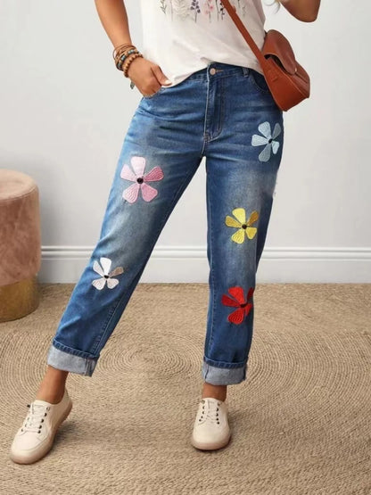 Floral Embroidered Straight Jeans