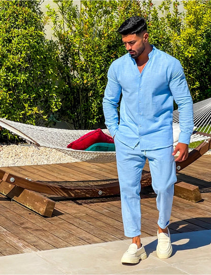 Linen Stand-Collar Loose Long-Sleeve Set