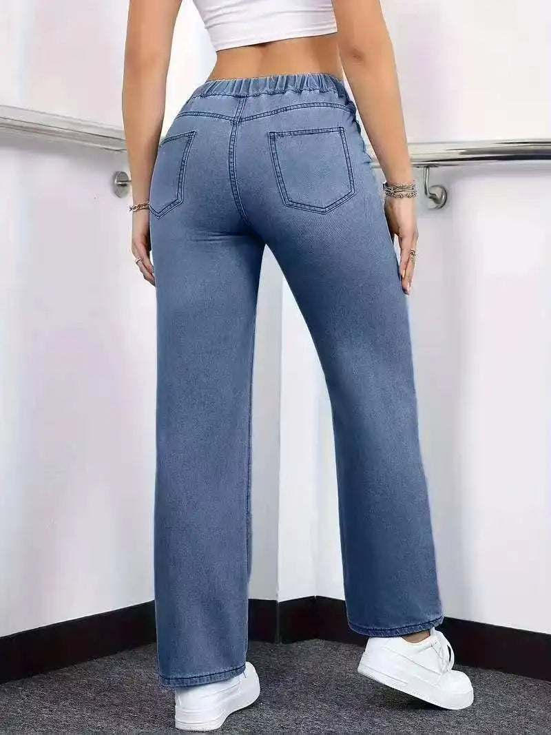 Elastic Drawstring Straight-Leg Jeans