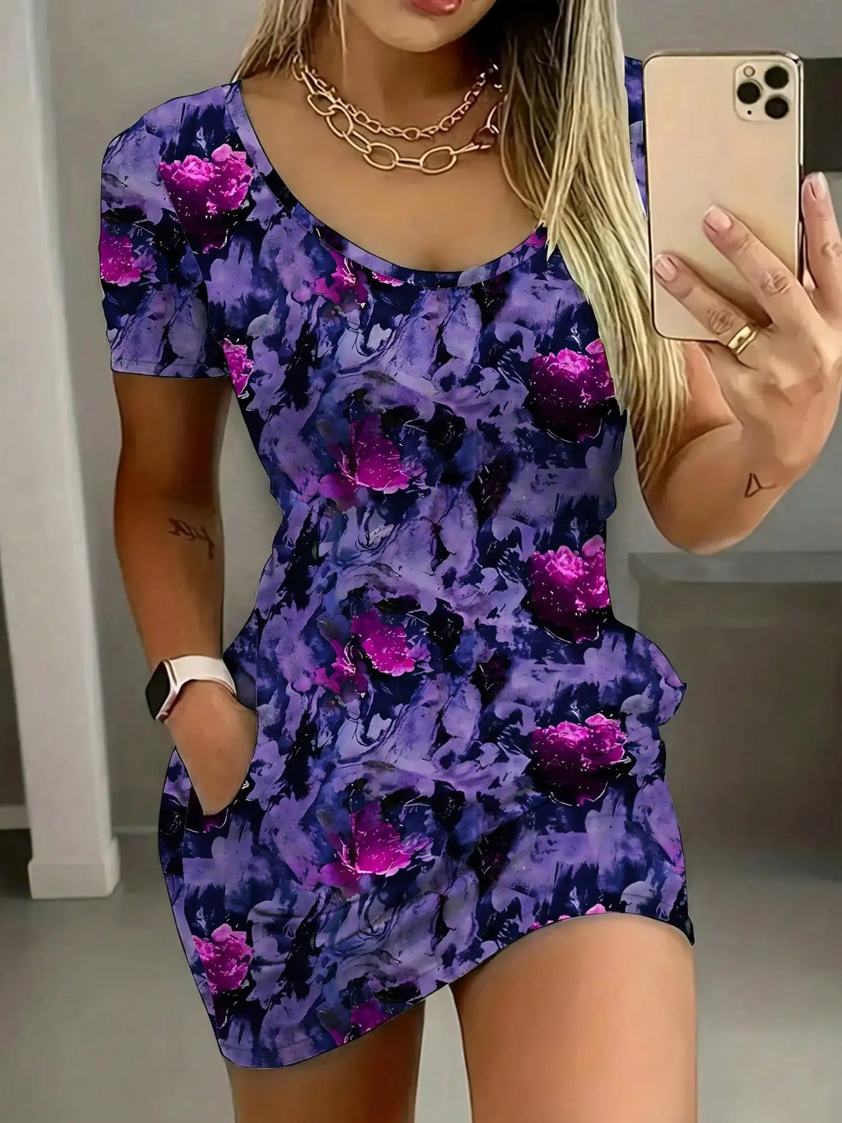 Floral Short-Sleeve Pocket Dress