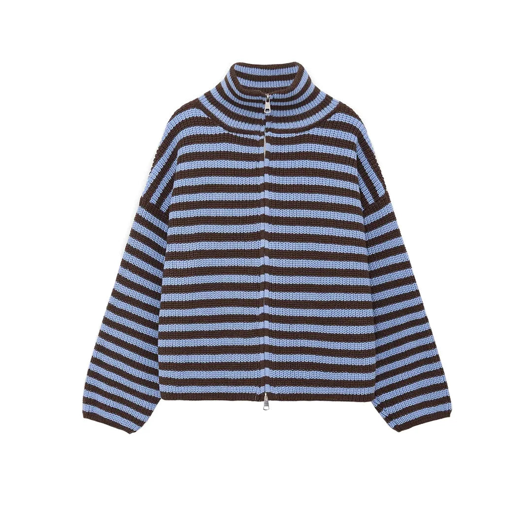 Striped Zip-Up Knit Cardigan