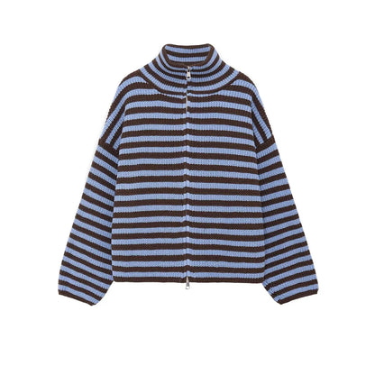 Striped Zip-Up Knit Cardigan
