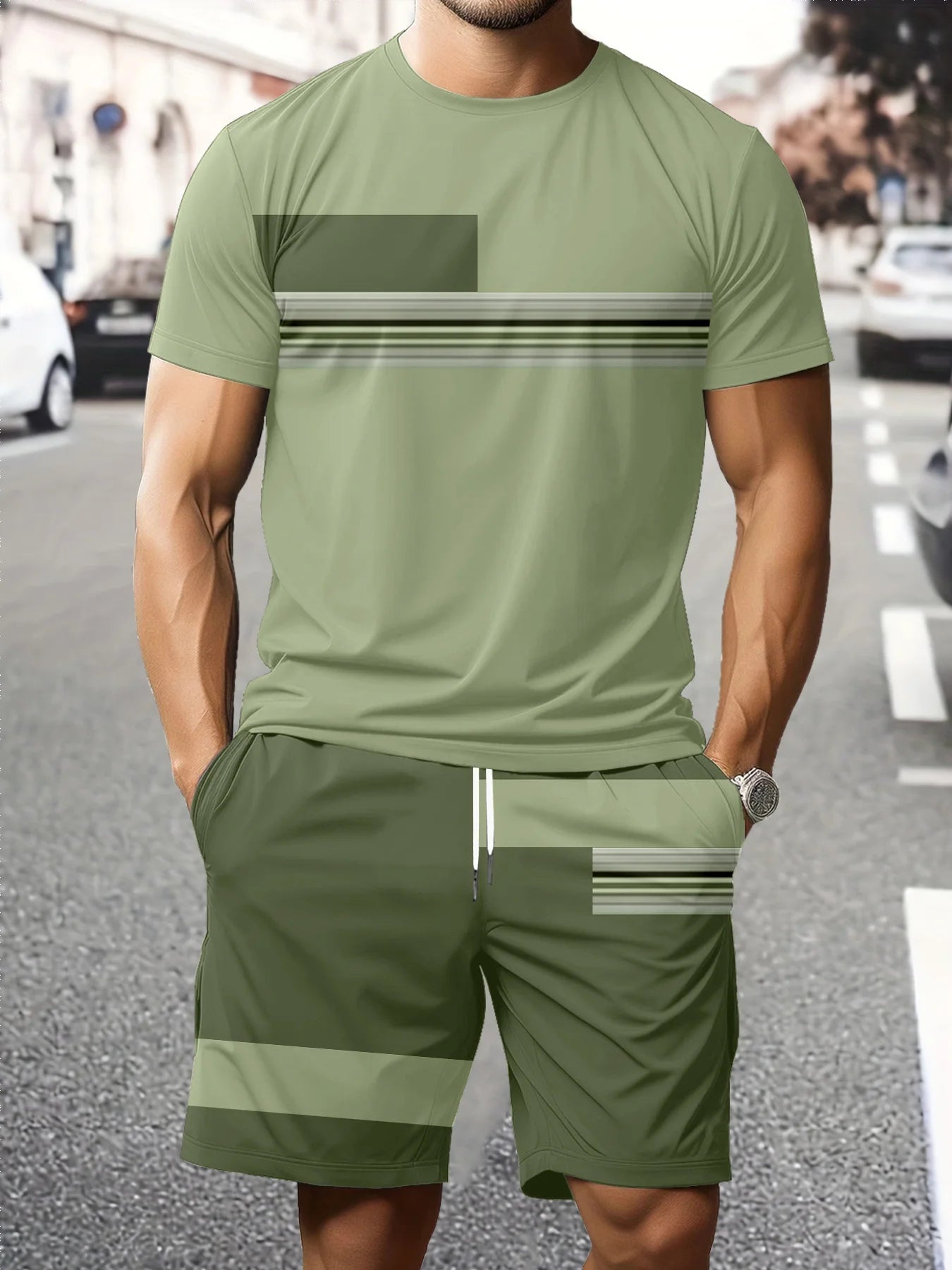 Striped Print Short-Sleeve Sports Set