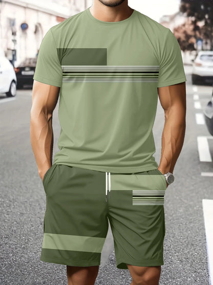 Striped Print Short-Sleeve Sports Set