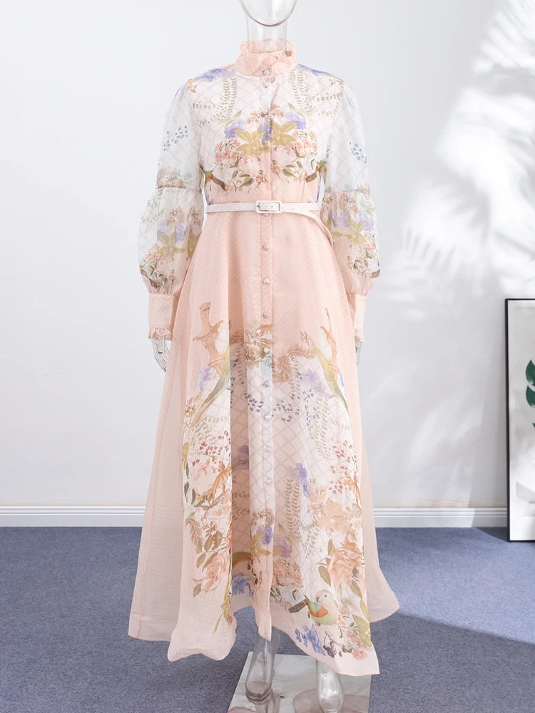 Lace Print Flare-Sleeve Maxi Dress