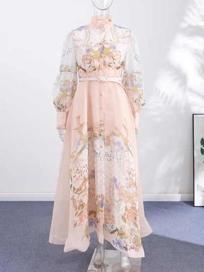Lace Print Flare-Sleeve Maxi Dress
