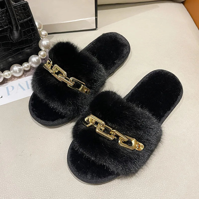 Women Metal Plush Winter Slippers