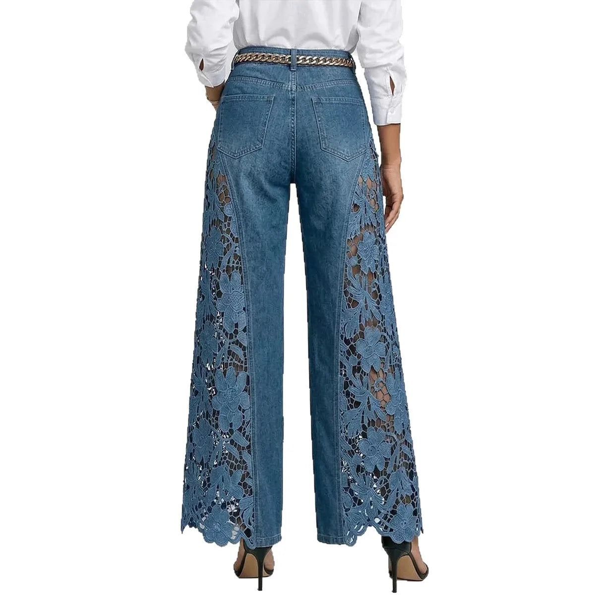 Lace Hollow-Out Wide-Leg Jeans