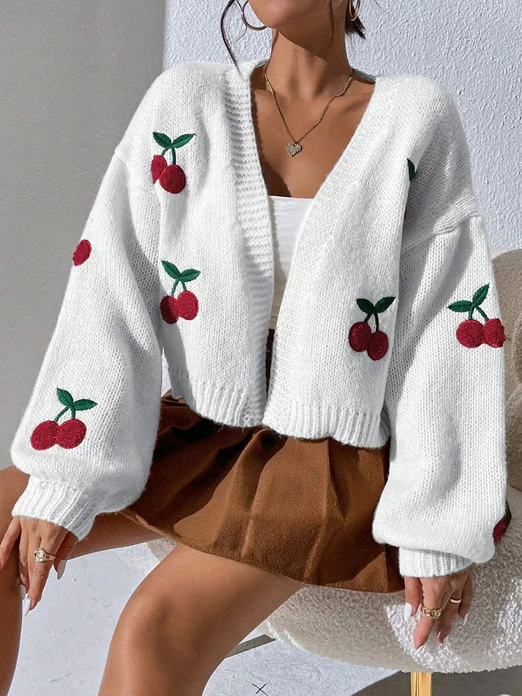 Loose Cherry Embroidered Cardigan