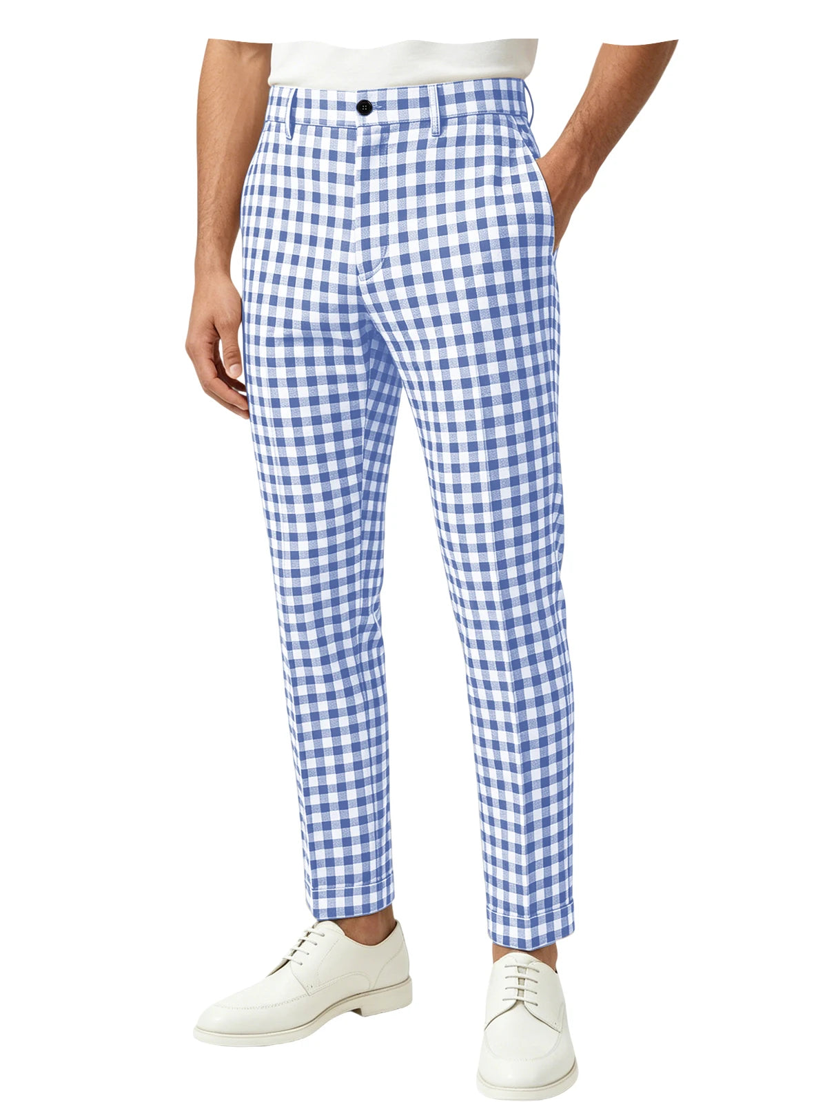 Blue White Checkered Slim Trousers