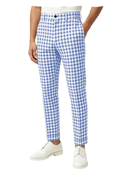 Blue White Checkered Slim Trousers