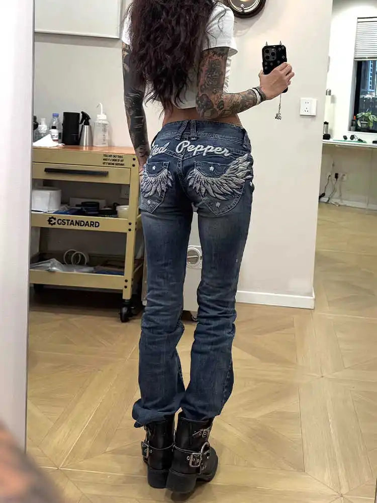 Retro Embroidered Low-Rise Jeans