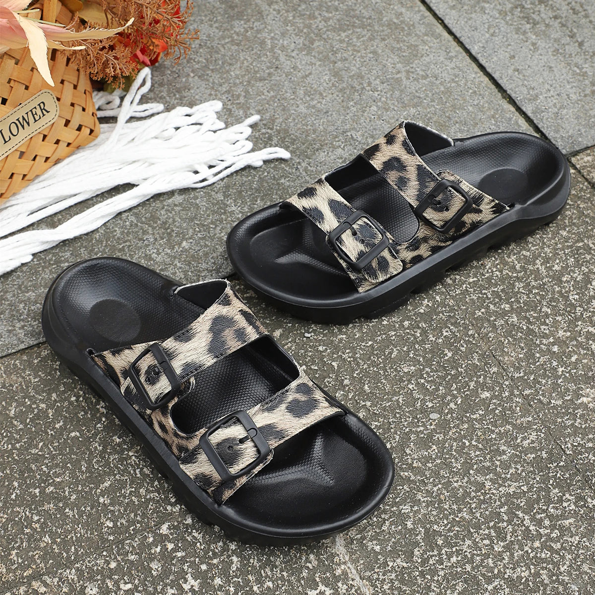 Leopard Buckle Summer Slides
