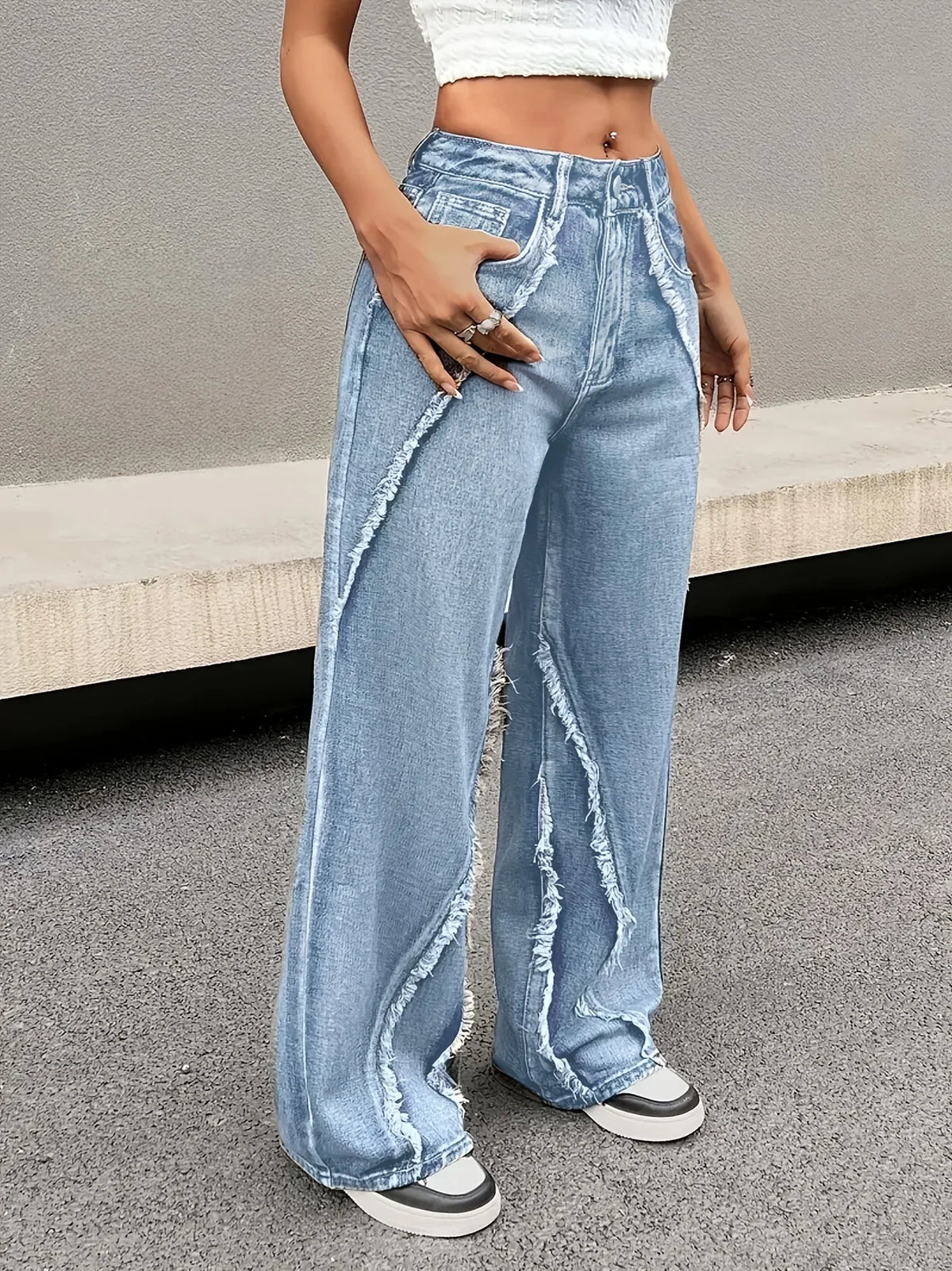 Fringed Wide-Leg Straight Jeans