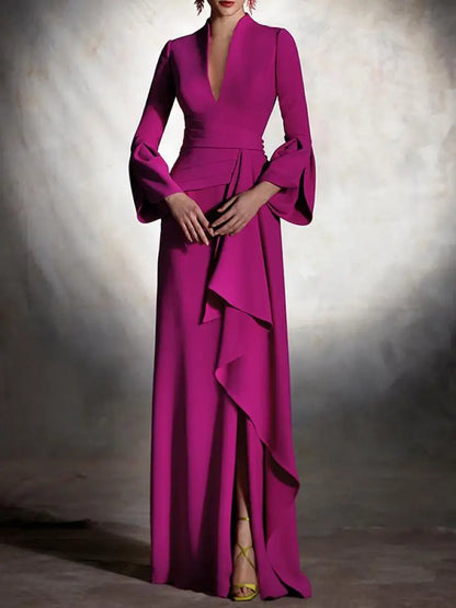 Elegant V-Neck Pleated Maxi Dress