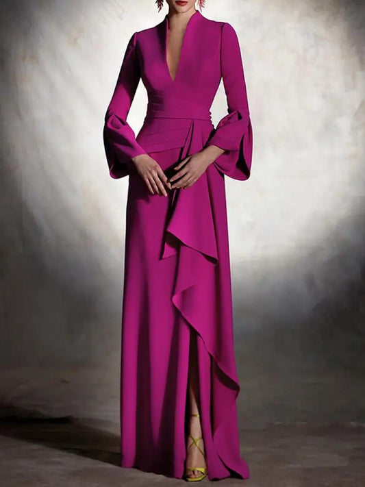Elegant V-Neck Pleated Maxi Dress