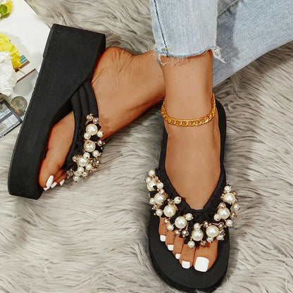 Bead String Wedge Flip Flops