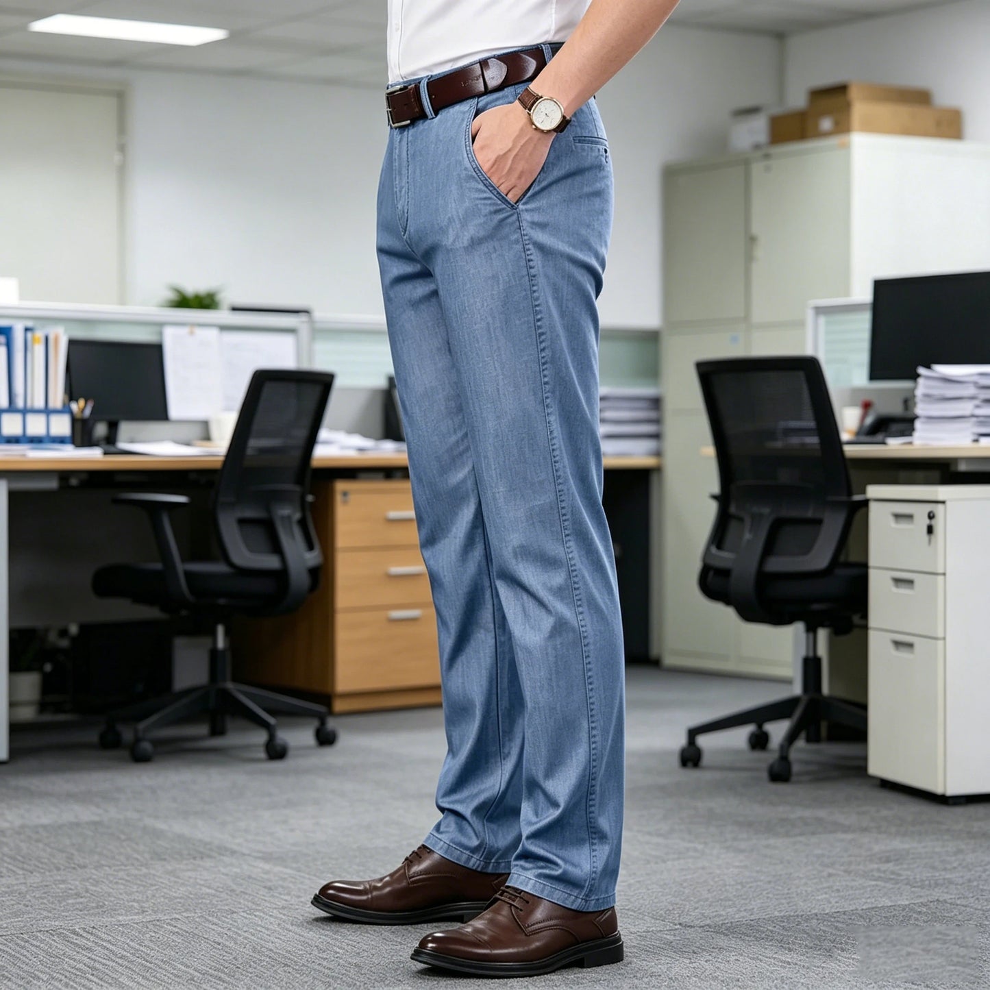 Straight Leg Denim Dress Pants