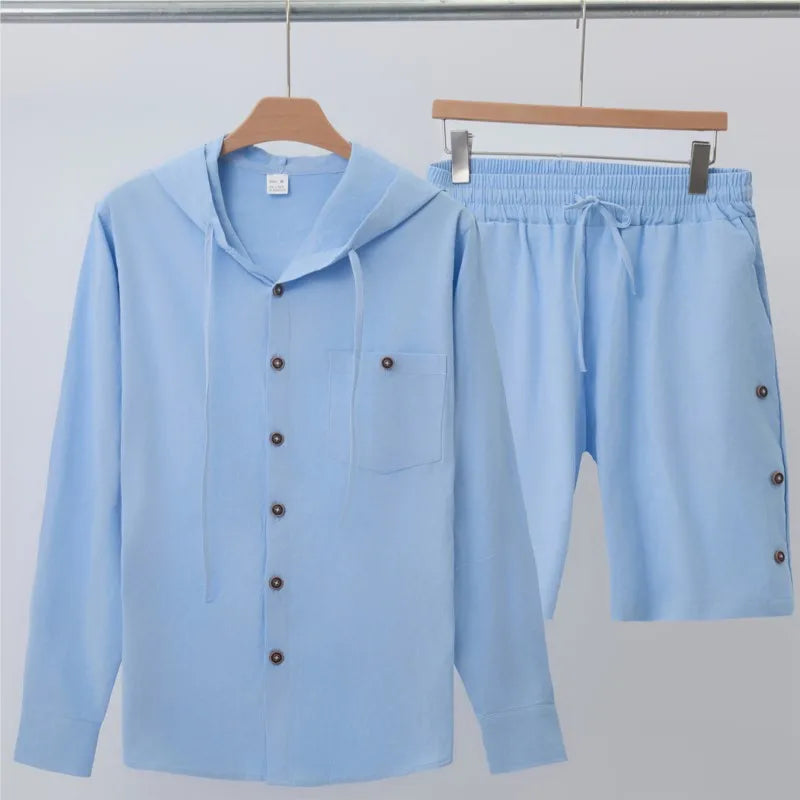 Hawaii Linen Hooded Shirt Shorts Set